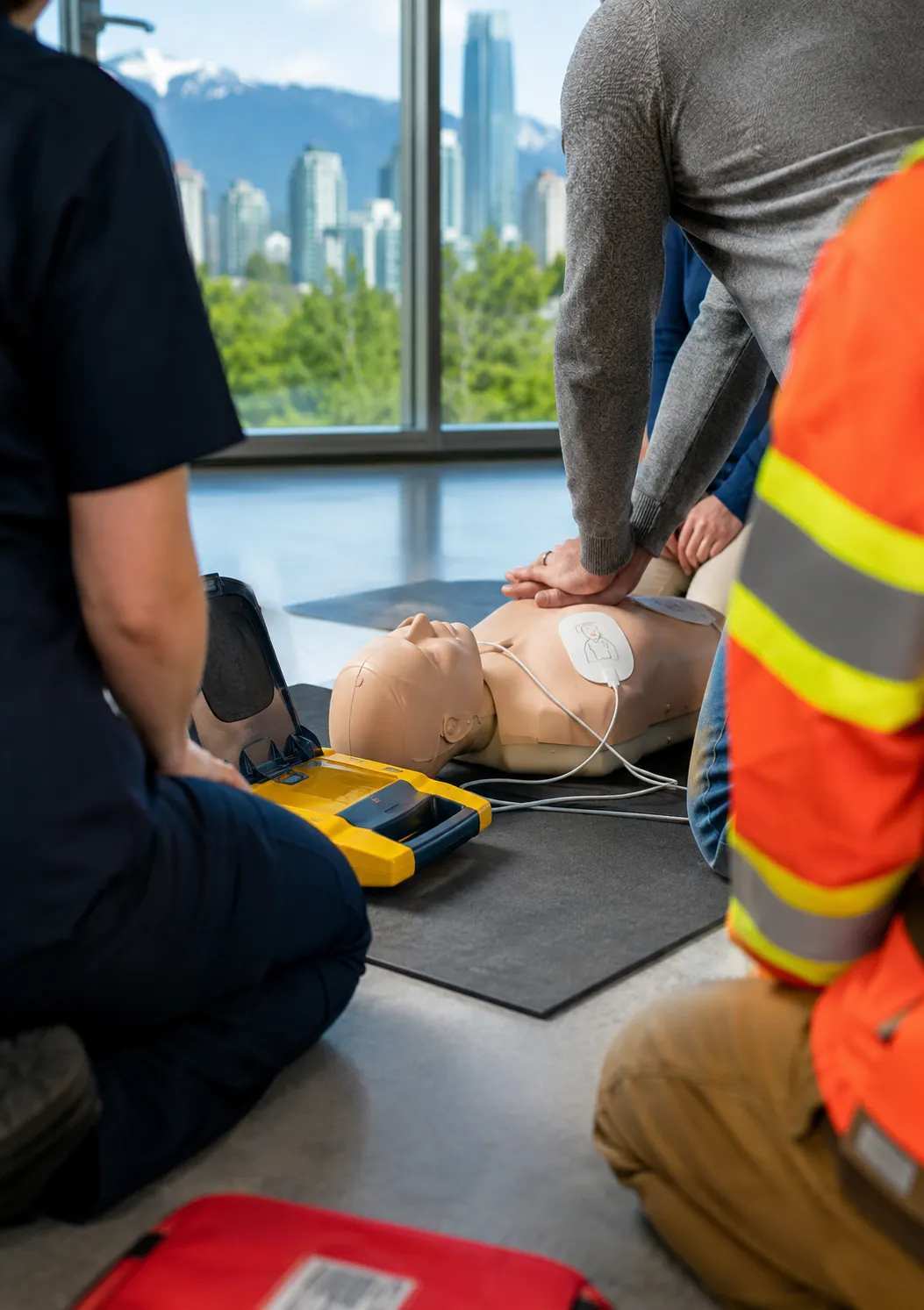 Vancouver public setting showing CPR readiness and AED awareness for community safety