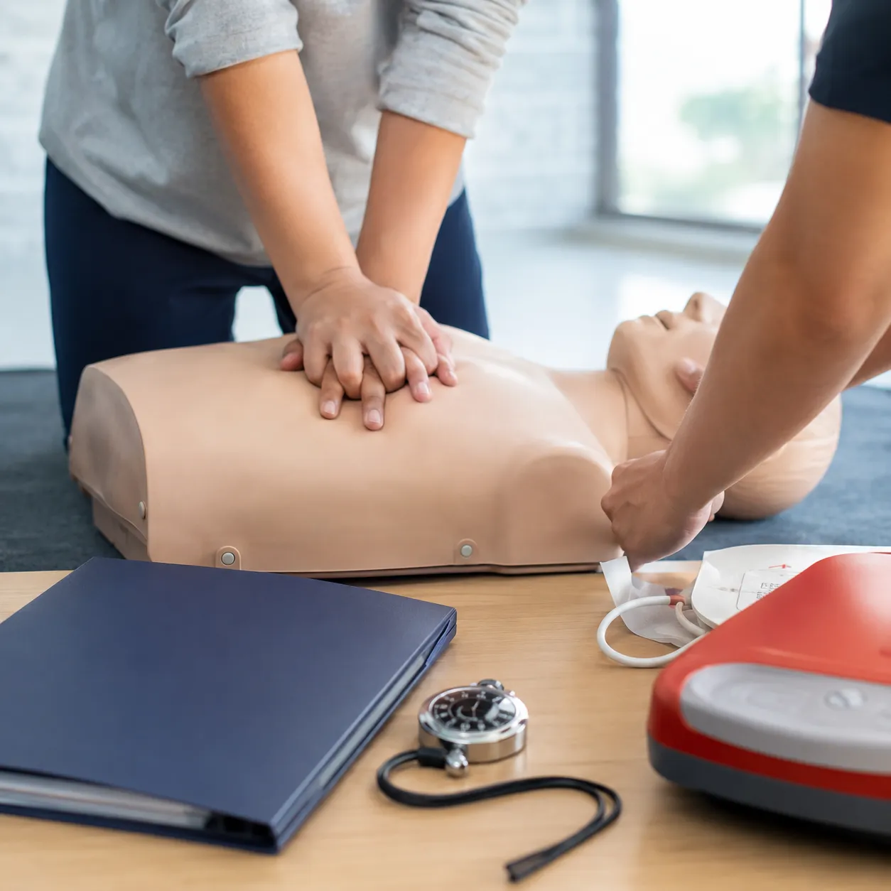Participants practicing CPR compressions and AED pad placement in a Vancouver class