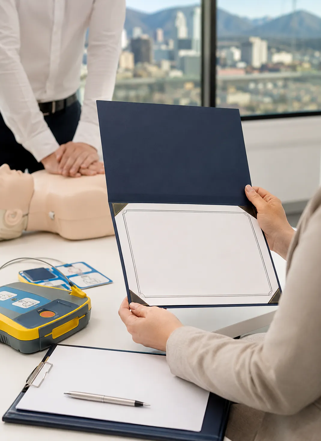CPR instructor demonstrating AED and certification-ready training for a Vancouver workplace class