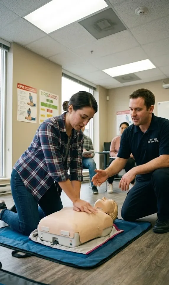 Vancouver first aid students practicing emergency response skills in class