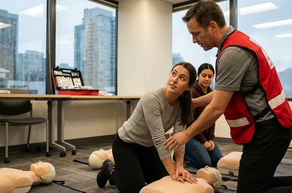 Instructor-led first aid practice during blended training in Vancouver