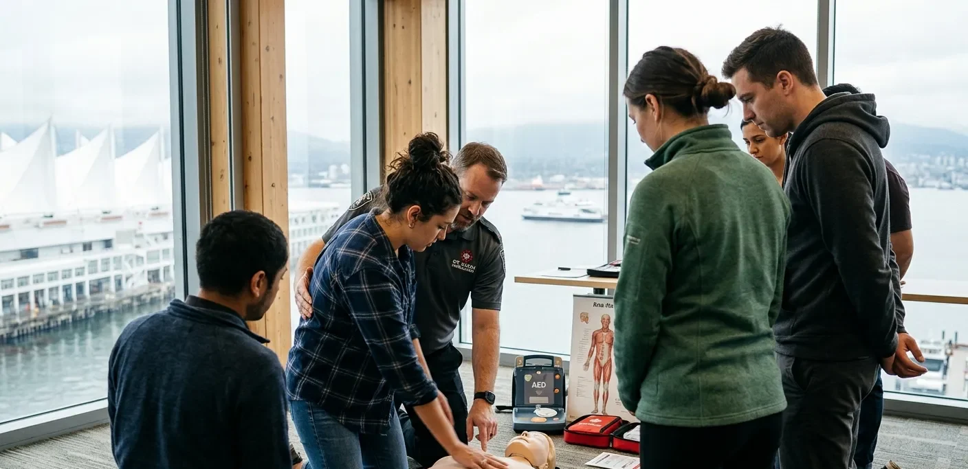 First aid instructor supporting workplace training for a Vancouver team