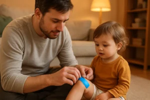 father treating toddler scraped knee father treating toddler scraped knee