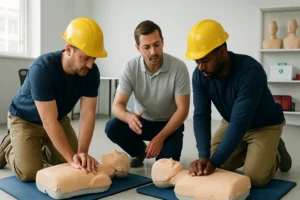 construction site first aid safety team construction workers cpr training mannequin